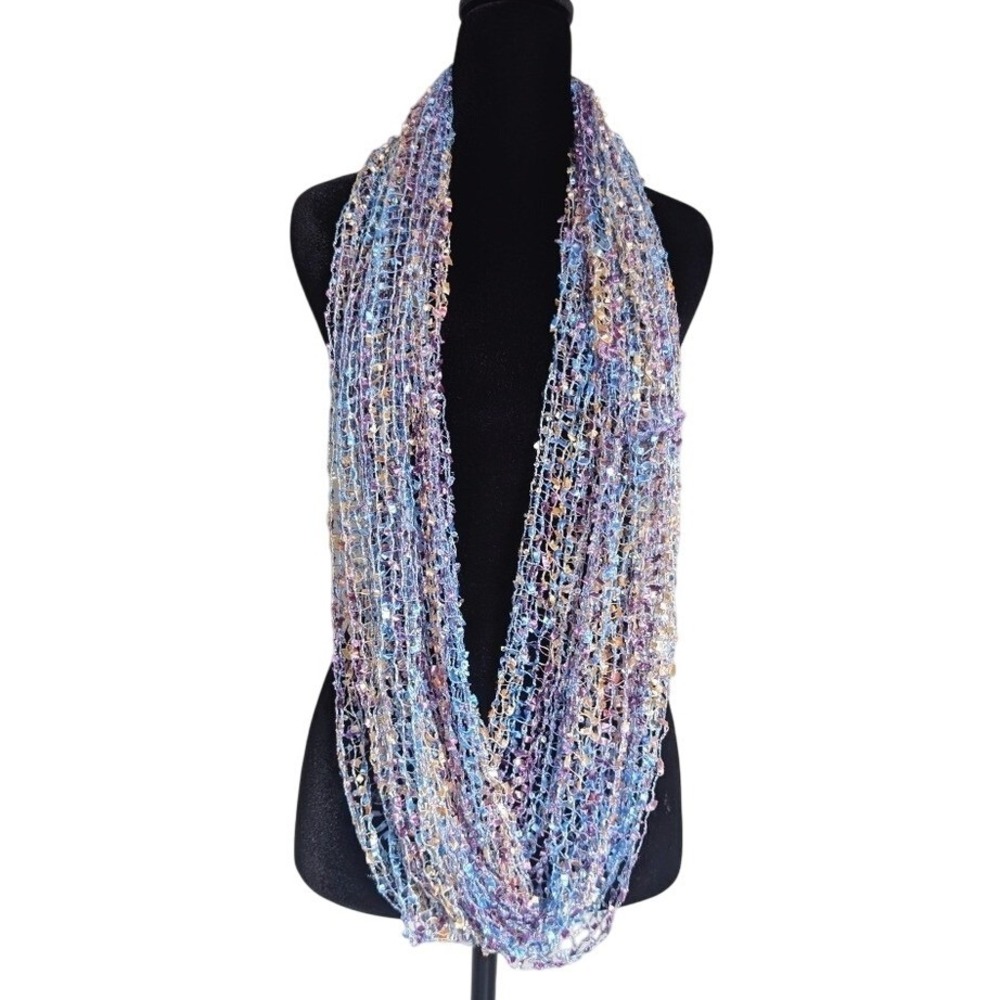 Vintage Y2K Whimsy Fairy Multi Pastel Color Shimmer Sequins Net Crochet Scarf